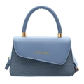Light blue square handbag in chic leather and woven fabric patchwork style - Blue
