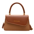 Brown leather and straw woven small square bag with top handle and shoulder strap - Yellow Brown