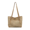Stroh-Strandtasche für Damen mit verstellbaren Schultergurten aus braunem Leder - Khaki