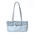 Light blue faux leather underarm bag with belt buckle detail in a minimalist aesthetic - Blue