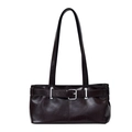 Bolso de hombro en cuero brillante marrón oscuro con hebillas metálicas plateadas chic - café
