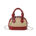 Mini shell handbag in red leather and straw patchwork with silver chain strap - Red