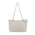 White quilted tote bag with floral embossing and gold chain shoulder strap for women - White