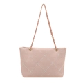 Pink quilted tote bag with floral embroidery and gold chain strap on white background - Pink