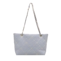 Chic light purple plaid tote bag with floral embroidery and chain shoulder strap - Blue