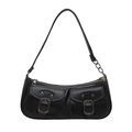 Borsa baguette nera con due tasche frontali e tracolla con catena in metallo stile vintage - Nero