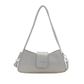 Minimalist light grey leather baguette shoulder bag with stylish metal hardware accents - Silver
