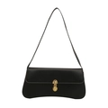 Minimalist black baguette shoulder bag with elegant gold U-shaped metal buckle clasp - Black