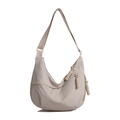 Large cream nylon crescent crossbody bag with woven knot zipper details for daily use - White