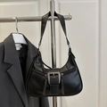 Vintage black PU leather crescent underarm bag with decorative metal buckles and zippers - Black