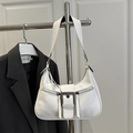 Minimalist white PU leather crescent underarm bag with decorative zippers and metal buckle - White