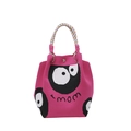 Rosafarbene Strick-Eimertasche mit Cartoon-Augen und buntem gewebtem Griffband - Rußmännchen