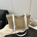Grand sac cabas en paille avec poignées en cuir blanc et texture tissée pour l'été - Blanc