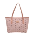 Pink pleated tote bag with black bow patterns and signature logo label on white background - Pink