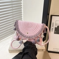 Pink bohemian woven shoulder bag with colorful tassels and ethnic embroidery for summer - Pink