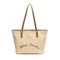 Große beige Canvas-Tragetasche mit braunen Lederriemen und Buchstabendruck für Damen - Beige & Khaki