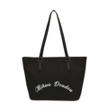 Minimalistische schwarze Segeltuchtasche mit weißem Aufdruck und silbernen Metallschnallen - Schwarz