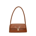 Classic caramel brown baguette bag with golden metal buckle and long shoulder strap - Yellow Brown