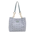 Bolso tote acolchado azul claro con estampado de lazos negros y cadena dorada - Azul