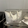 White large capacity tote bag with colorful butterfly embroidery and textured fabric - White