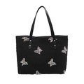Grande borsa tote nera con ricami di farfalle colorate e rivetti dorati fini - Nero