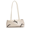 Chic cream white rectangle shoulder bag with black bows and long double straps - White