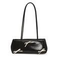Glossy black baguette bag with white bows and long shoulder strap in minimalist style - Black