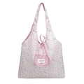 Rosa geblümte Stofftasche mit karierter Tasche und Schleifendetail auf weißem Grund - Rosa Blumig