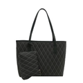Schwarze gesteppte Shopper-Tasche mit weißen Kontrastnähten und kleiner Zusatztasche - Grün