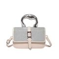 Pink leather square bag with sparkling rhinestones and silver wavy metal handle - Silver