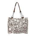 White large-capacity tote bag with brown graffiti patterns and leather chain straps - No Pendant / Brown
