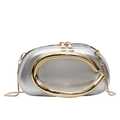 Silver leather handbag with gold C-shaped metal ring and thin chain strap - Silver