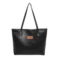 Black woven leather tote bag with large capacity and shoulder straps for women - Black