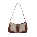 Borsa a spalla a mezzaluna in pelle marrone e tessuto intrecciato beige con fibbia argento - Patchwork Marrone