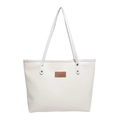 White woven tote bag with brown leather label and gold rivets in a centered studio view - White