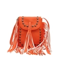 Orange Schultertasche aus Leder mit Vintage-Nieten und böhmischen Fransenakzenten - Orange