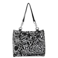 Black canvas tote bag with white graffiti prints and a stylish metal chain shoulder strap - No Pendant / Black