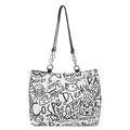 White tote bag with black graffiti art and metal chain straps in a street style design - No Pendant / White