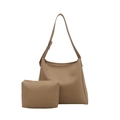 Conjunto de bolso tote minimalista de cuero PU beige con correa ajustable y estuche - Juego de Dos Piezas / Caqui