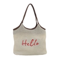 Schicker Strick-Shopper mit roter Hello-Stickerei und braunen Kunstlederriemen für Sommer - Beige