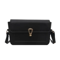 Minimalist black grained leather shoulder bag with gold teardrop clasp for women - Black