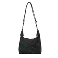 Black bucket bag with green leaf embroidery and adjustable shoulder strap for women - Green