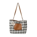 Grote zwart-witte tweed shopper met bruine leren handvaten en een schattige kattenhanger - Bruin met hanger