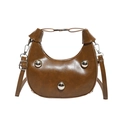 Brown half-moon PU leather handbag with silver metallic studs and crossbody strap - Brown