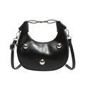 Minimalist black crescent hobo bag with silver metallic studs and adjustable shoulder strap - Black