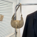 Army green crescent moon shoulder bag with gold metal logo and suede-like finish - Khaki