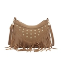 Vintage Umhängetasche aus braunem Wildleder mit Fransen und Nieten im Boho-Stil - Khaki