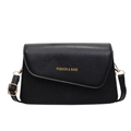Classic black crossbody bag with flap and gold FASHION & BAGS lettering on white background - Black