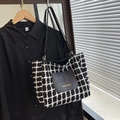 Classic black and white checkered tweed tote bag with leather straps for daily commute - Black without Pendant