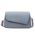 Modern hazy blue woven crossbody bag with gold fashion lettering and adjustable strap - Blue